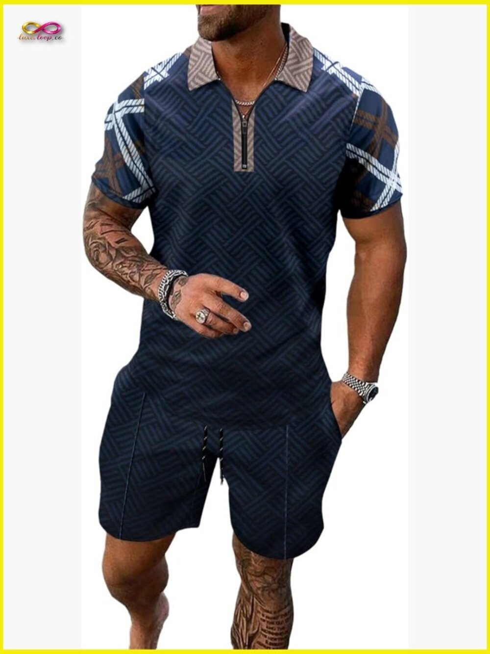 Men's 2-Piece Polo Shorts Set Classic Golf Suit Lightweight Breathable Zip Up